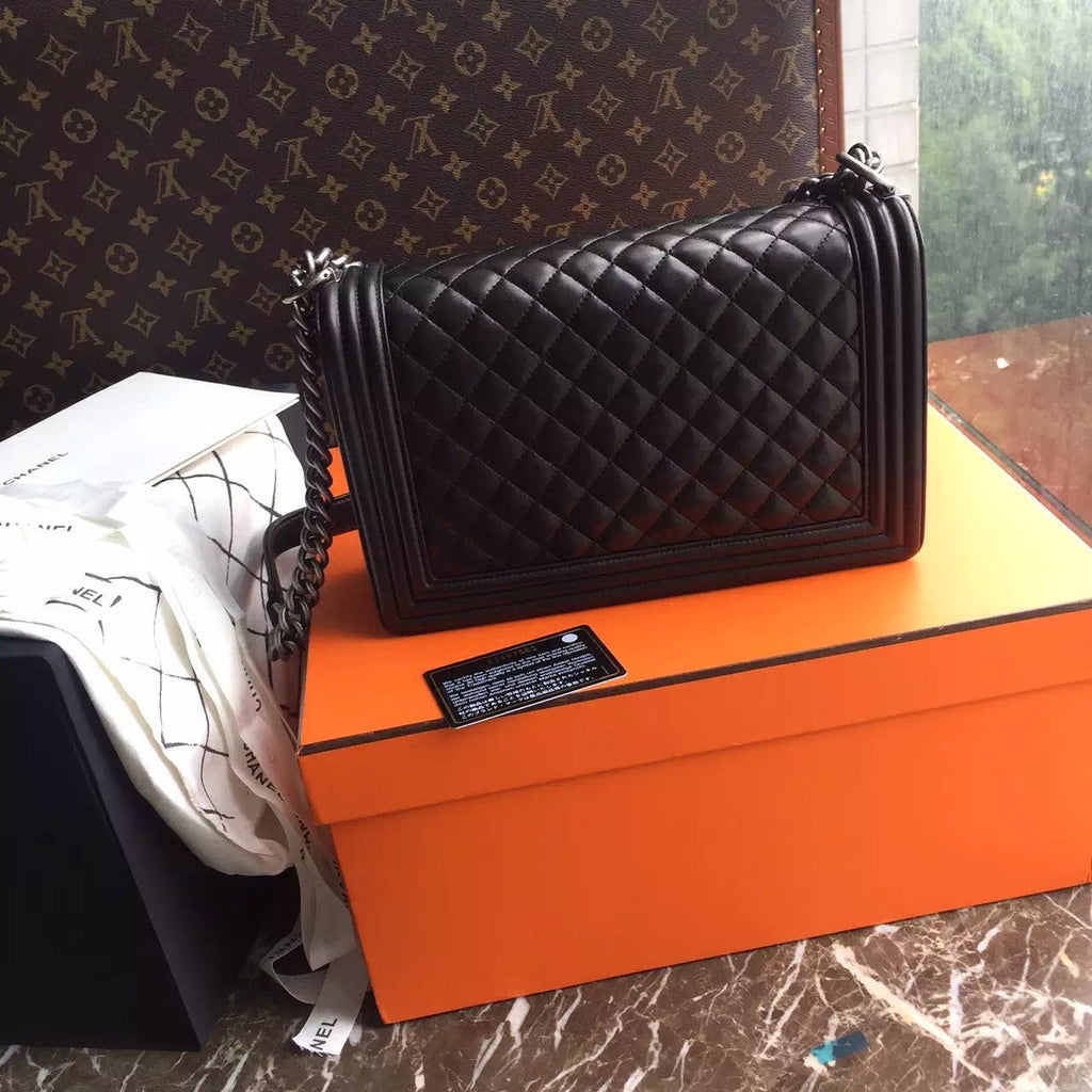 CHANEL Lambskin Black Large 28cm Boy Bag with Silver Hardware Chanel