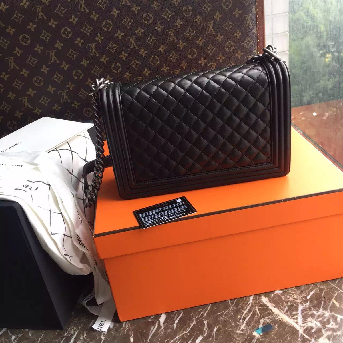 CHANEL Lambskin Black Large 28cm Boy Bag with Silver Hardware Chanel