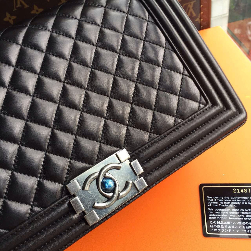 CHANEL Lambskin Black Large 28cm Boy Bag with Silver Hardware Chanel