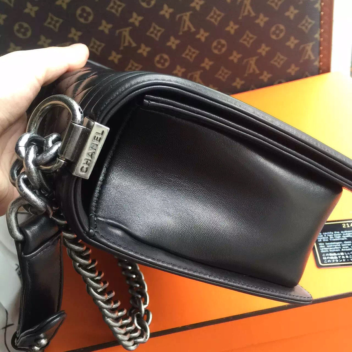 CHANEL Lambskin Black Large 28cm Boy Bag with Silver Hardware Chanel