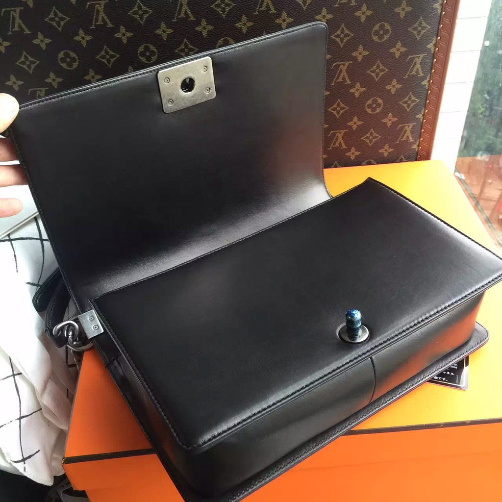 CHANEL Lambskin Black Large 28cm Boy Bag with Silver Hardware Chanel