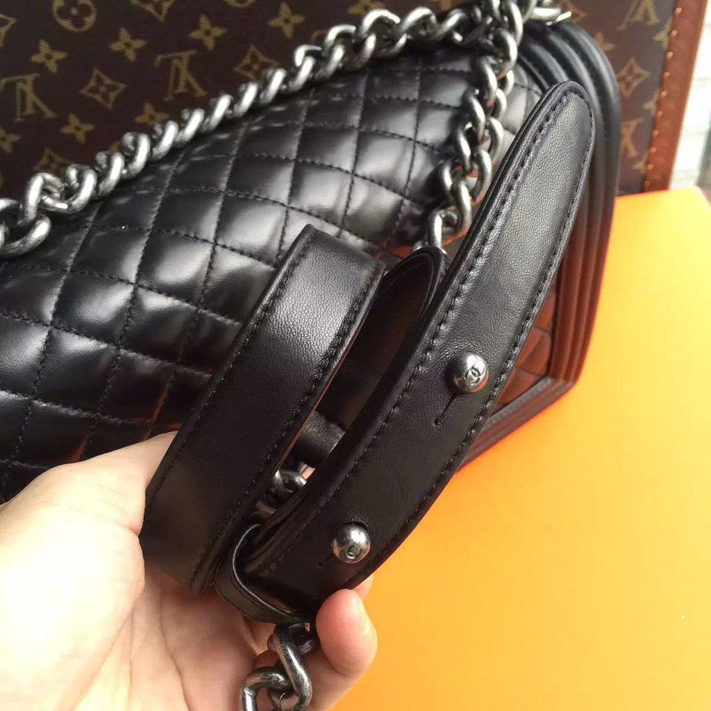 CHANEL Lambskin Black Large 28cm Boy Bag with Silver Hardware Chanel