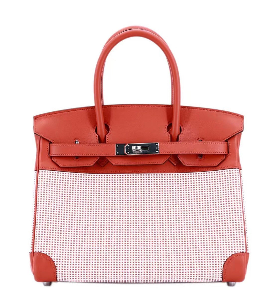 [Online Exclusive]Hermes Birkin 30 Toile Quadrille Terre Battue Swift leather PHW (New Toile 2022)