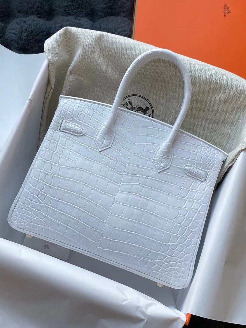 Hermes Birkin 30 in white Niloticus Crocodile with Gold hardware