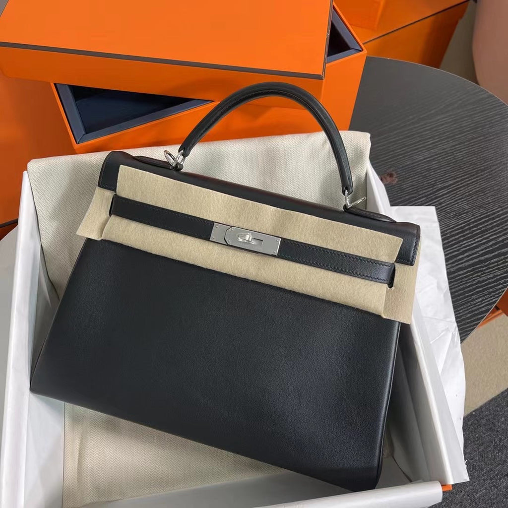 Hermes black Kelly 32cm Swift Palladium Hardware