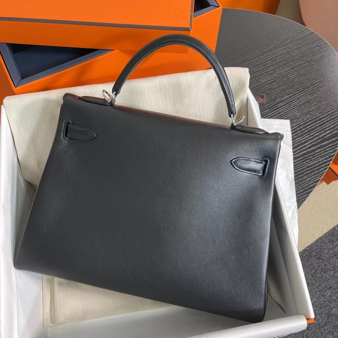 Hermes black Kelly 32cm Swift Palladium Hardware
