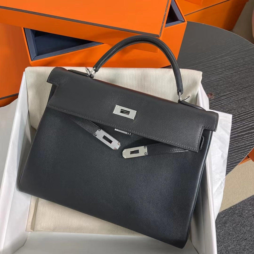 Hermes black Kelly 32cm Swift Palladium Hardware