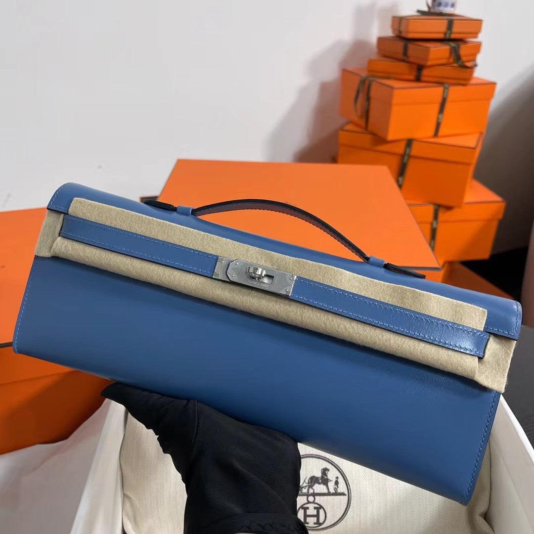 HERMES KELLY CUT CLUTCH BAG blue agate  GOLD HARDWARE