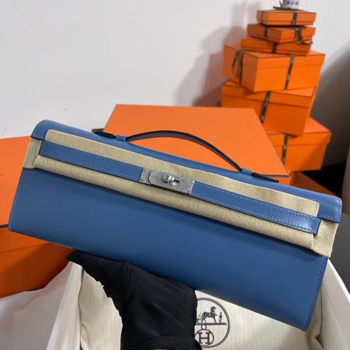 HERMES KELLY CUT CLUTCH BAG blue agate  GOLD HARDWARE