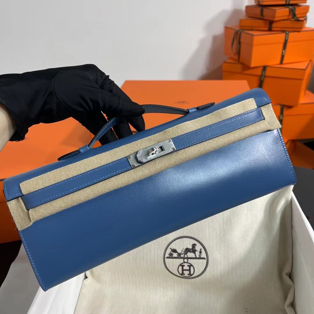 HERMES KELLY CUT CLUTCH BAG blue agate  GOLD HARDWARE