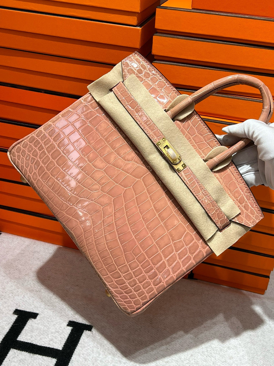 HERMES Rose Birkin 25 Matt alligator crocodile skin