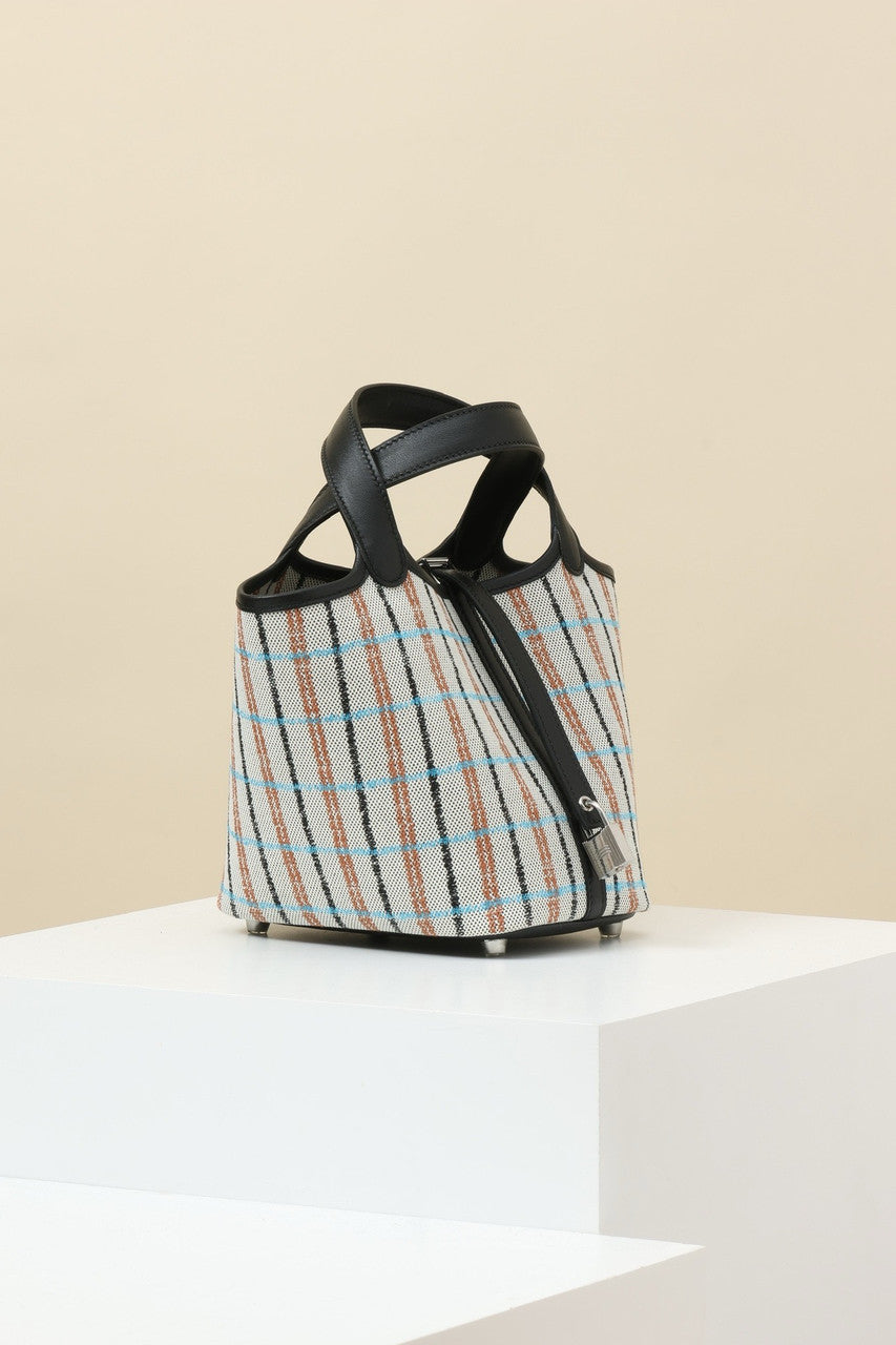 Hermes Picotin Lock 18 bag H canvas and Black Swift calfskin with "Couverture Carre" embroidery