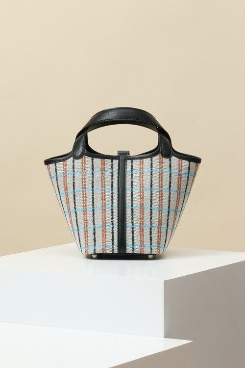 Hermes Picotin Lock 18 bag H canvas and Black Swift calfskin with "Couverture Carre" embroidery