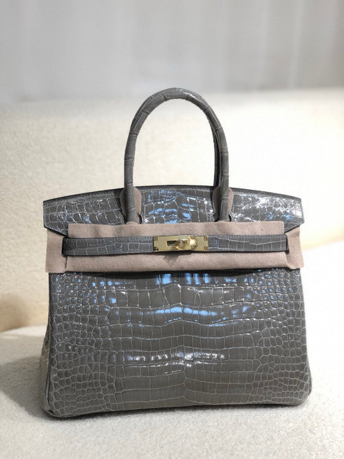 Hermes Gris Paris  Birkin 30 in Porosus  Crocodile with Gold hardware