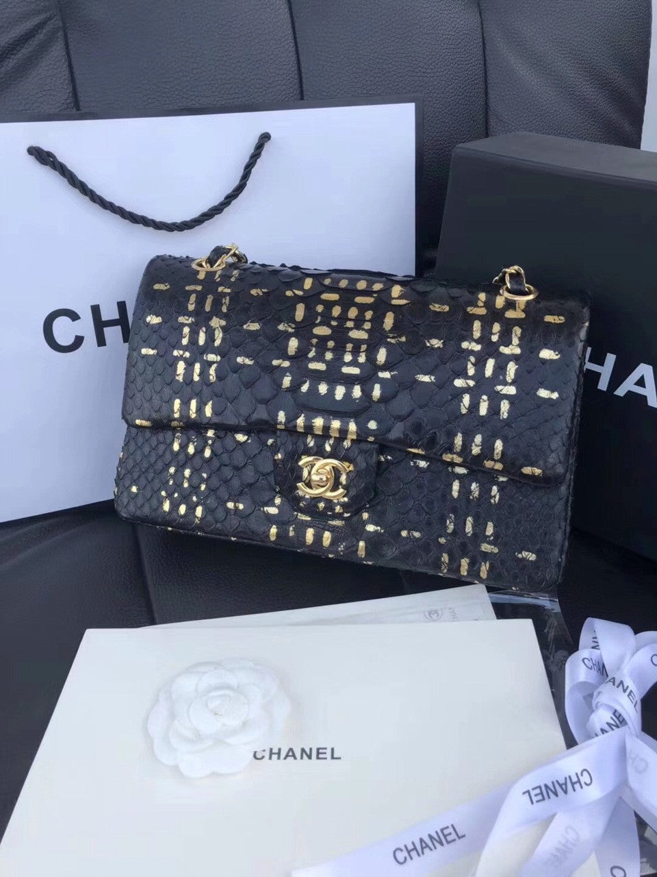Chanel Classic Handbag with Black Python & Gold Metal