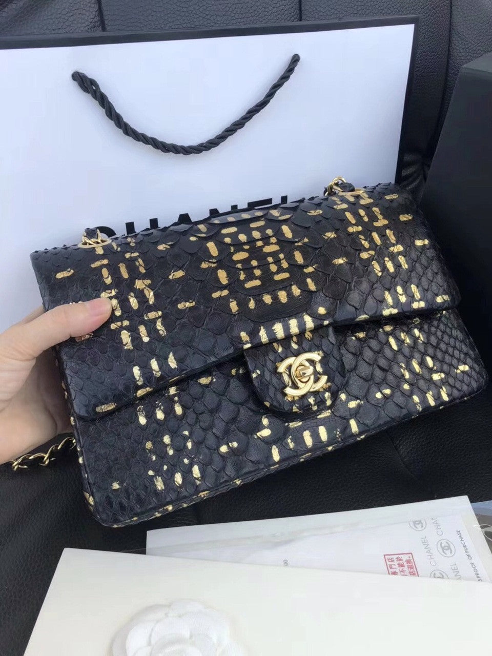 Chanel Classic Handbag with Black Python & Gold Metal