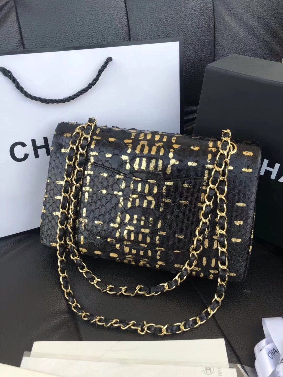 Chanel Classic Handbag with Black Python & Gold Metal