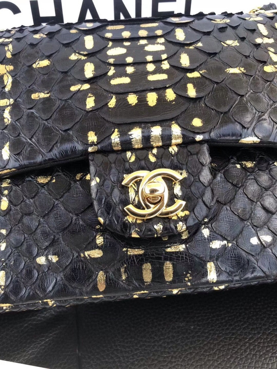 Chanel Classic Handbag with Black Python & Gold Metal