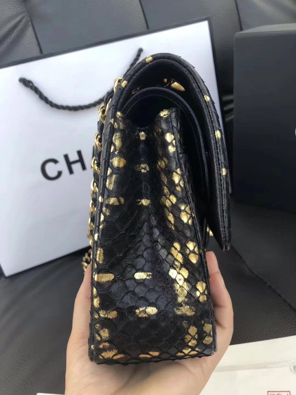 Chanel Classic Handbag with Black Python & Gold Metal