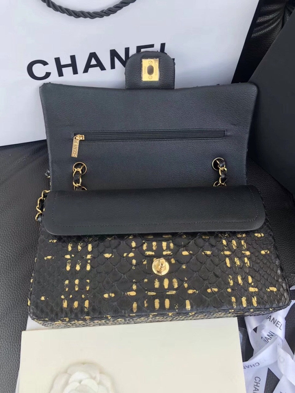 Chanel Classic Handbag with Black Python & Gold Metal