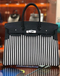 HERMES A LIMITED EDITION BLACK SWIFT LEATHER & TOILE RIGA BIRKIN 35 WITH PALLADIUM HARWARE