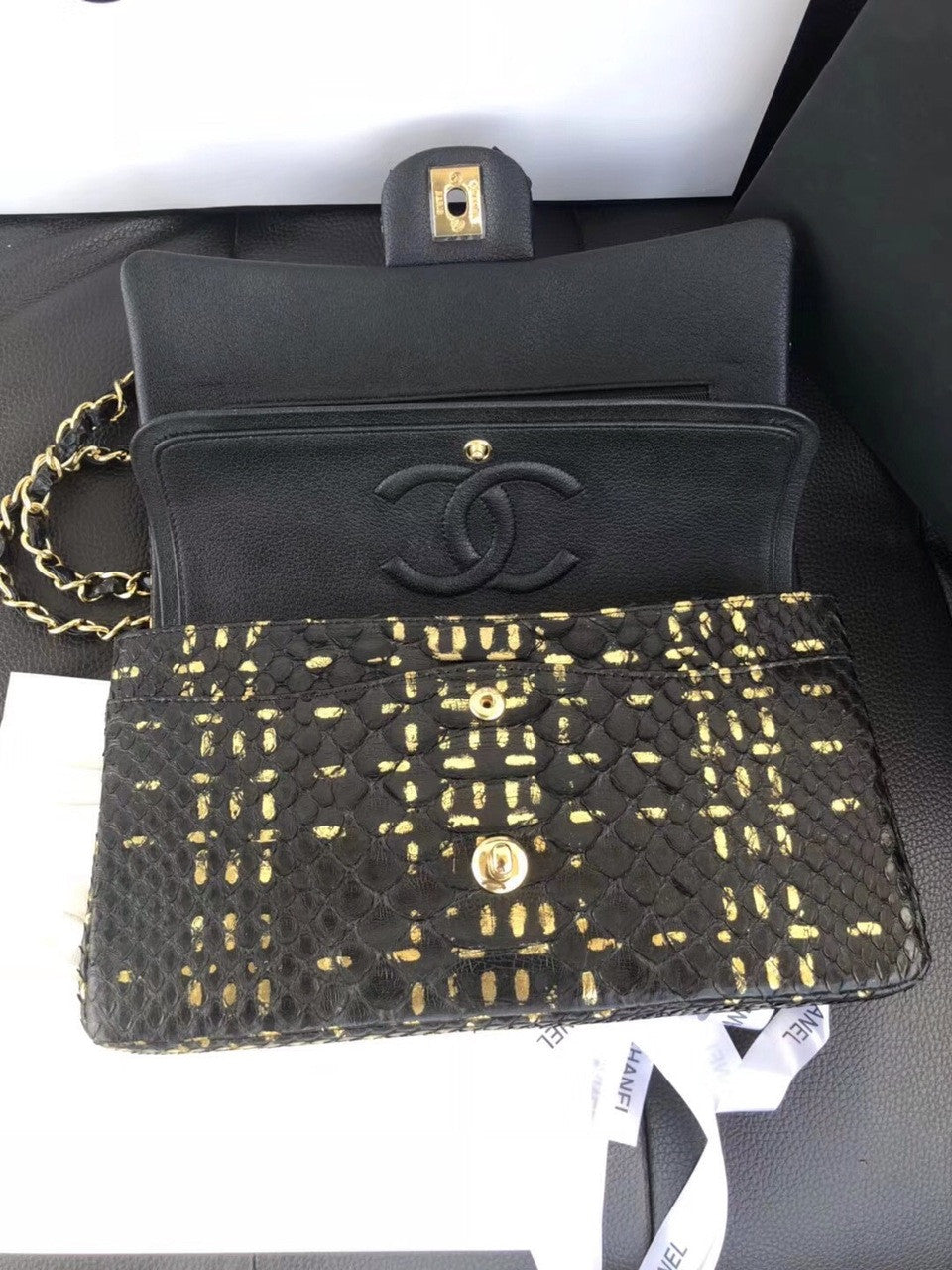 Chanel Classic Handbag with Black Python & Gold Metal