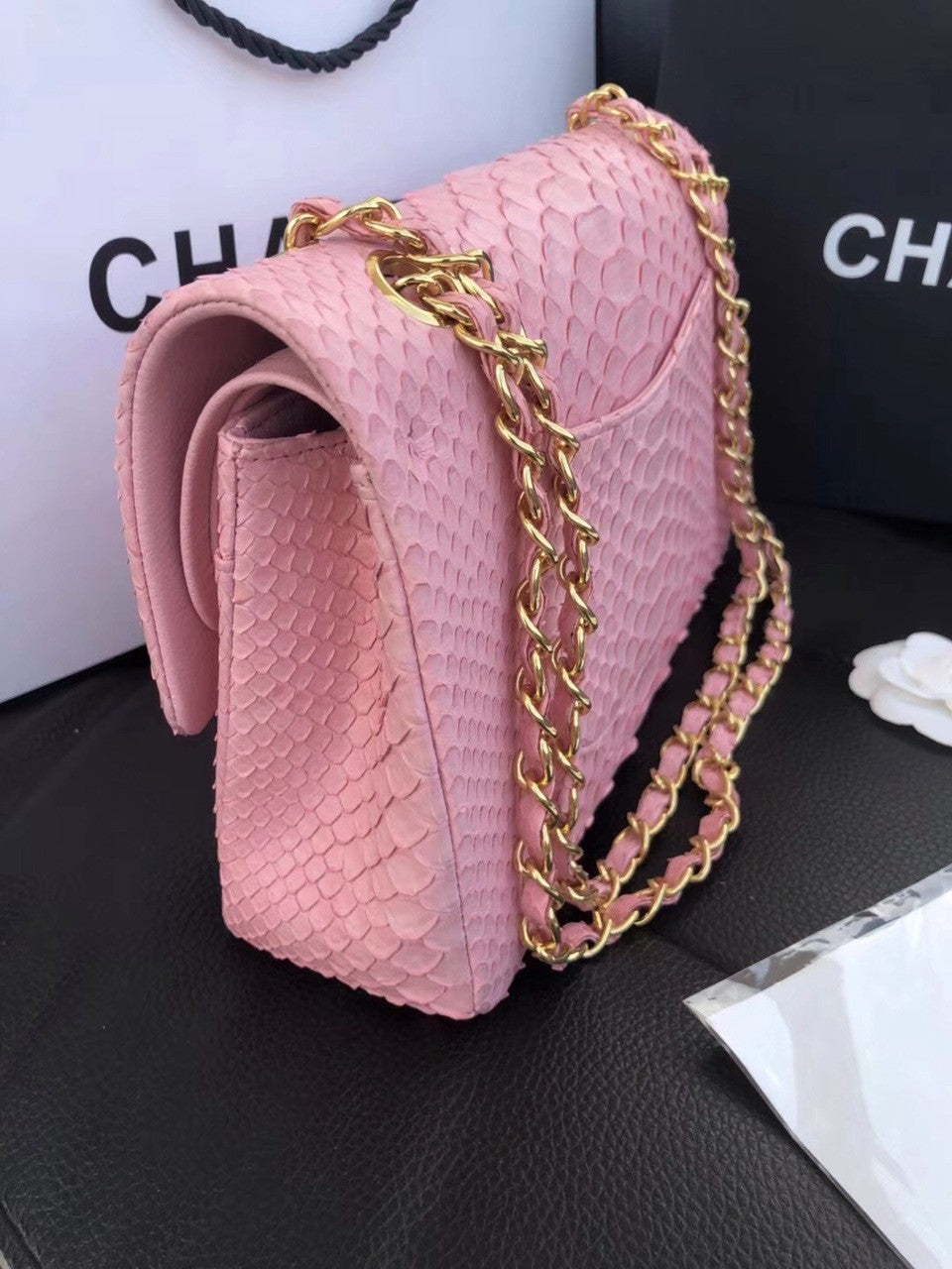 Chanel Classic Handbag with Pink Python & Gold Metal