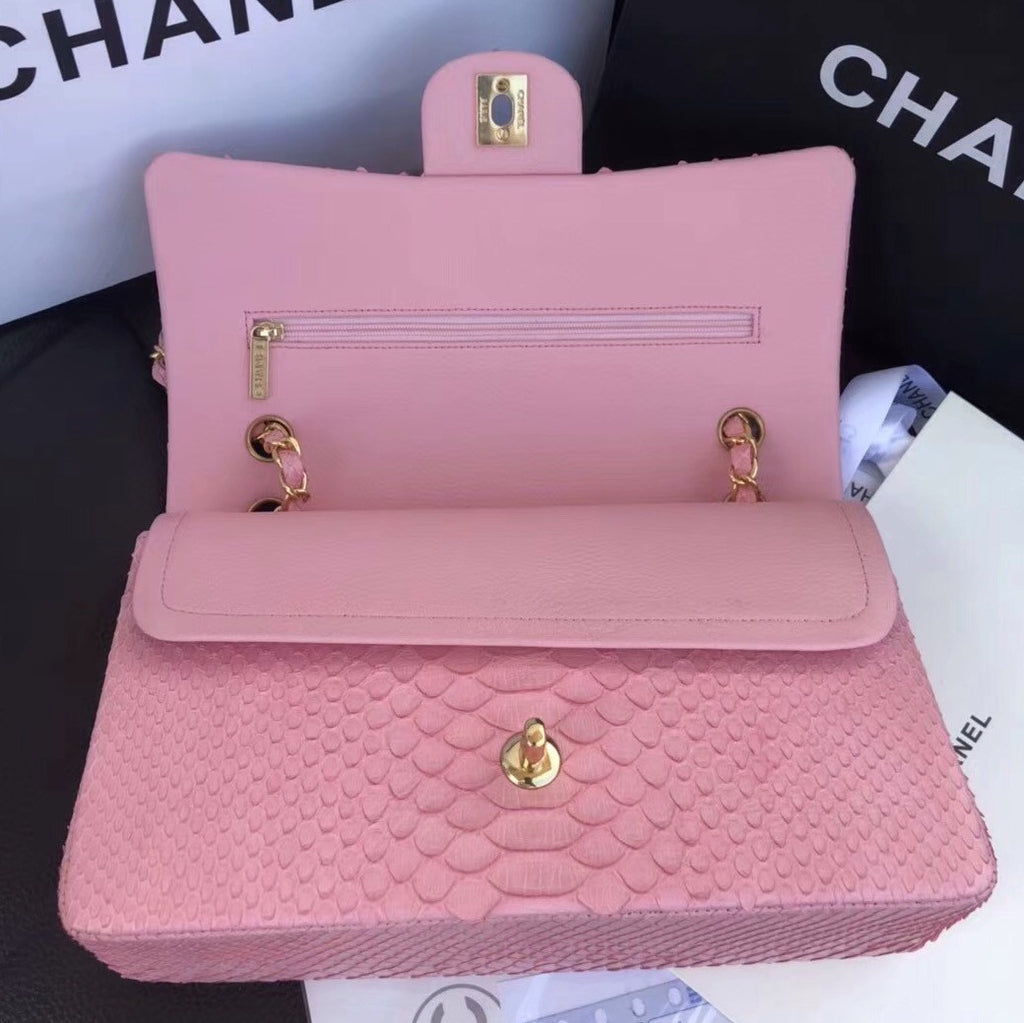 Chanel Classic Handbag with Pink Python & Gold Metal