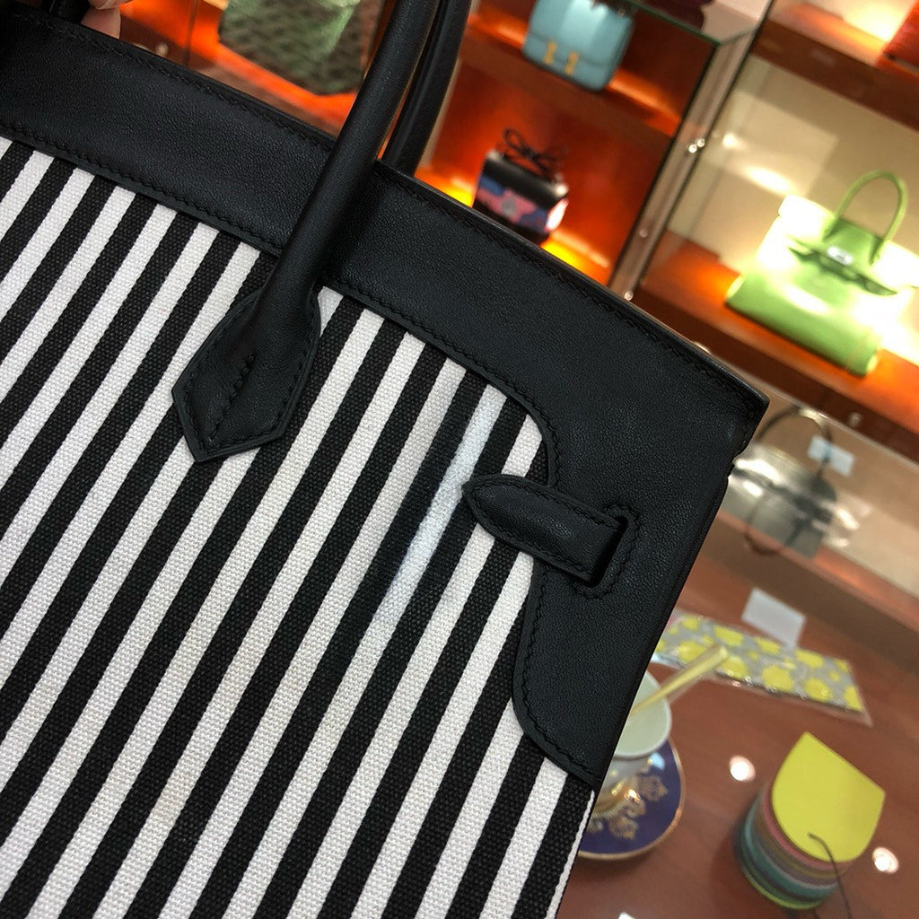 HERMES A LIMITED EDITION BLACK SWIFT LEATHER & TOILE RIGA BIRKIN 35 WITH PALLADIUM HARWARE