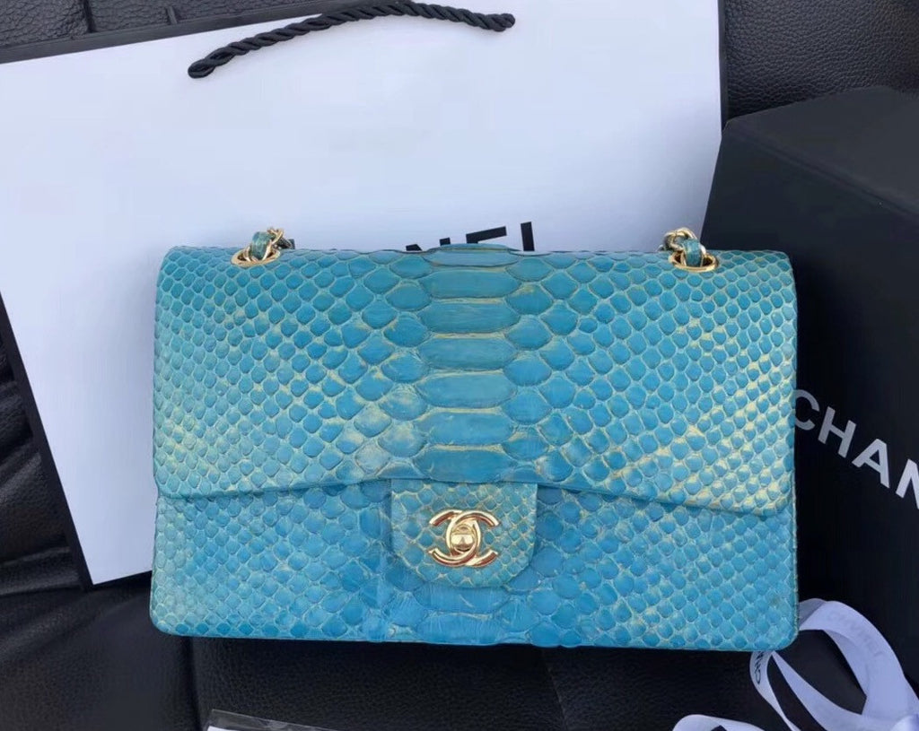 Chanel Classic Handbag with Blue Python & Gold Metal