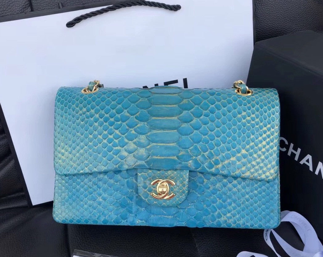 Chanel Classic Handbag with Blue Python & Gold Metal