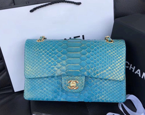 Chanel Classic Handbag with Blue Python & Gold Metal