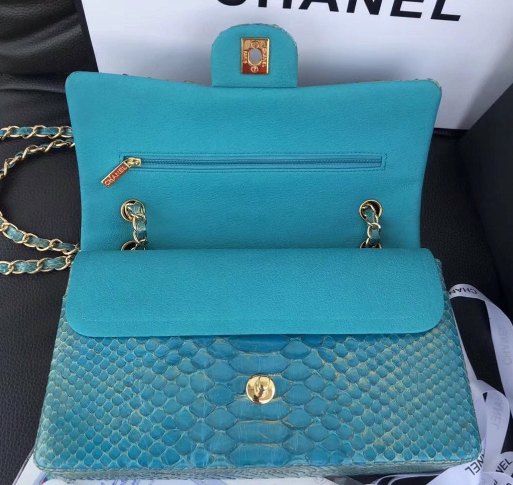 Chanel Classic Handbag with Blue Python & Gold Metal