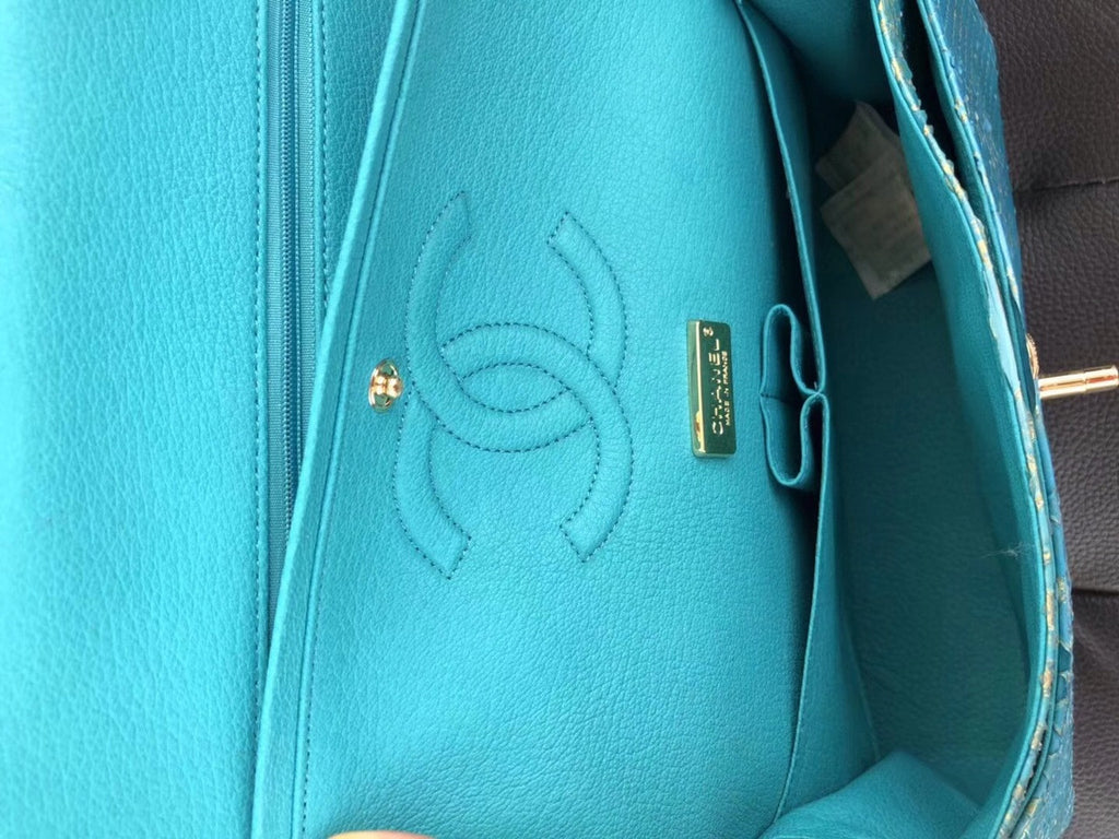 Chanel Classic Handbag with Blue Python & Gold Metal