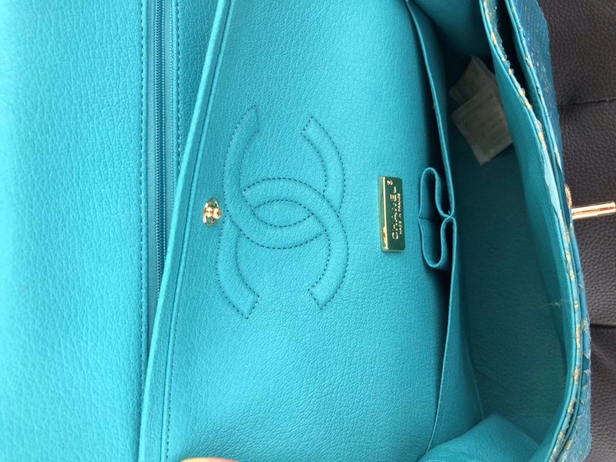 Chanel Classic Handbag with Blue Python & Gold Metal