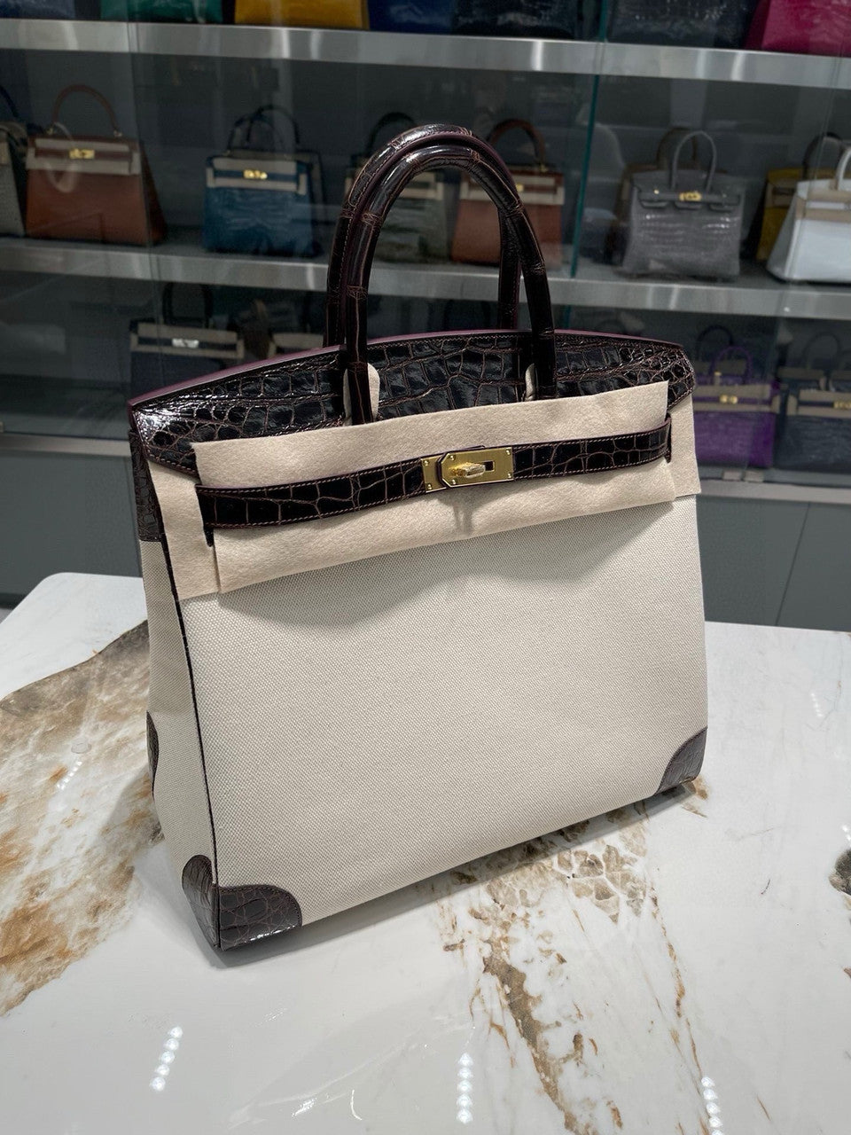 HERMÈS BIRKIN 40 HAVANE MATTE POROSUS CROCODILE & TOILE BRUSHED PALLADIUM HARDWARE