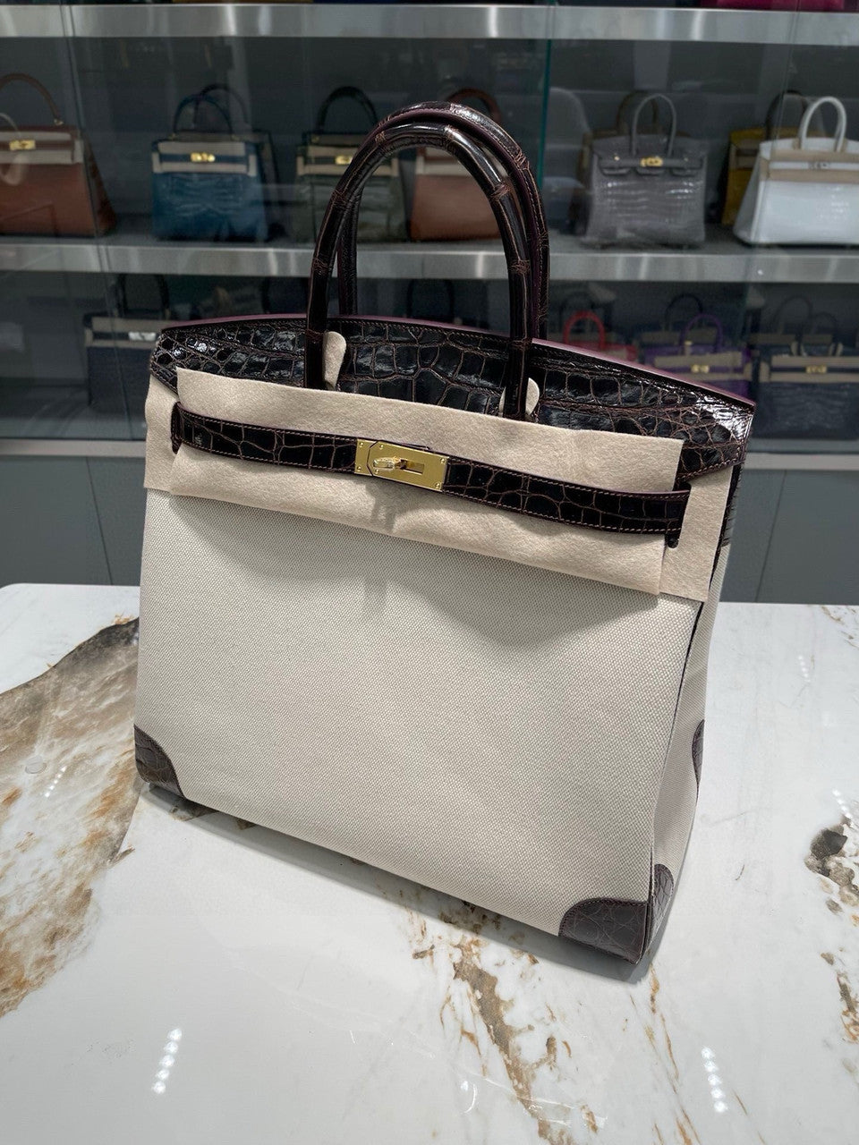 HERMÈS BIRKIN 40 HAVANE MATTE POROSUS CROCODILE & TOILE BRUSHED PALLADIUM HARDWARE