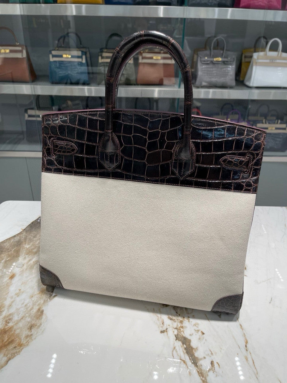 HERMÈS BIRKIN 40 HAVANE MATTE POROSUS CROCODILE & TOILE BRUSHED PALLADIUM HARDWARE
