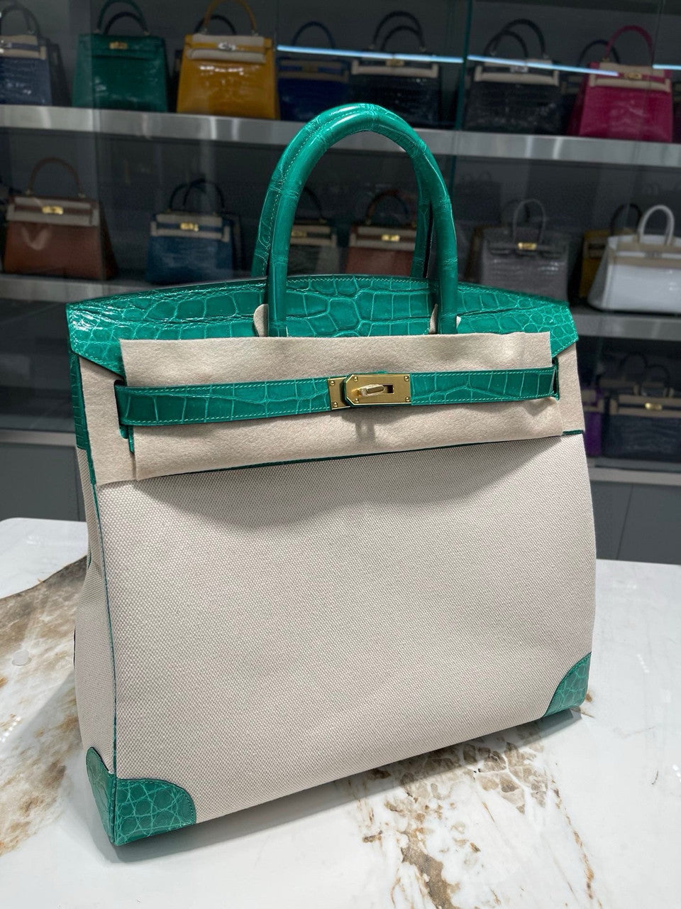 HERMÈS BIRKIN 40 BAMBOO MATTE POROSUS CROCODILE & TOILE BRUSHED PALLADIUM HARDWARE