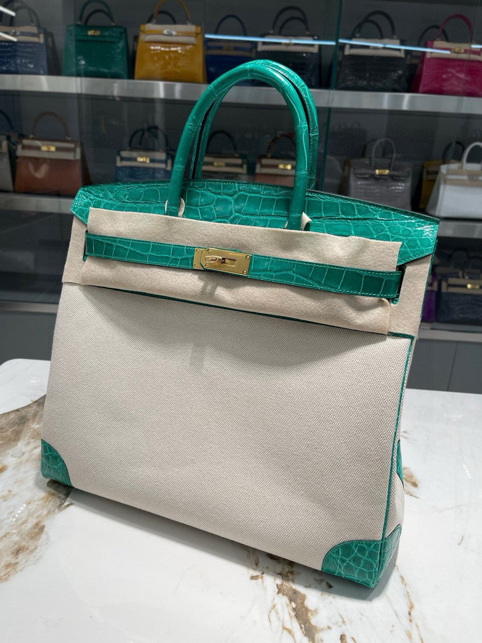 HERMÈS BIRKIN 40 BAMBOO MATTE POROSUS CROCODILE & TOILE BRUSHED PALLADIUM HARDWARE