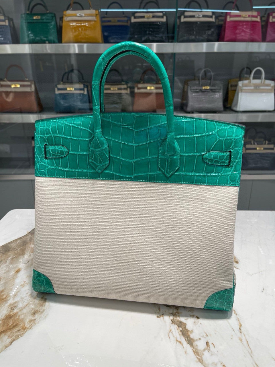 HERMÈS BIRKIN 40 BAMBOO MATTE POROSUS CROCODILE & TOILE BRUSHED PALLADIUM HARDWARE