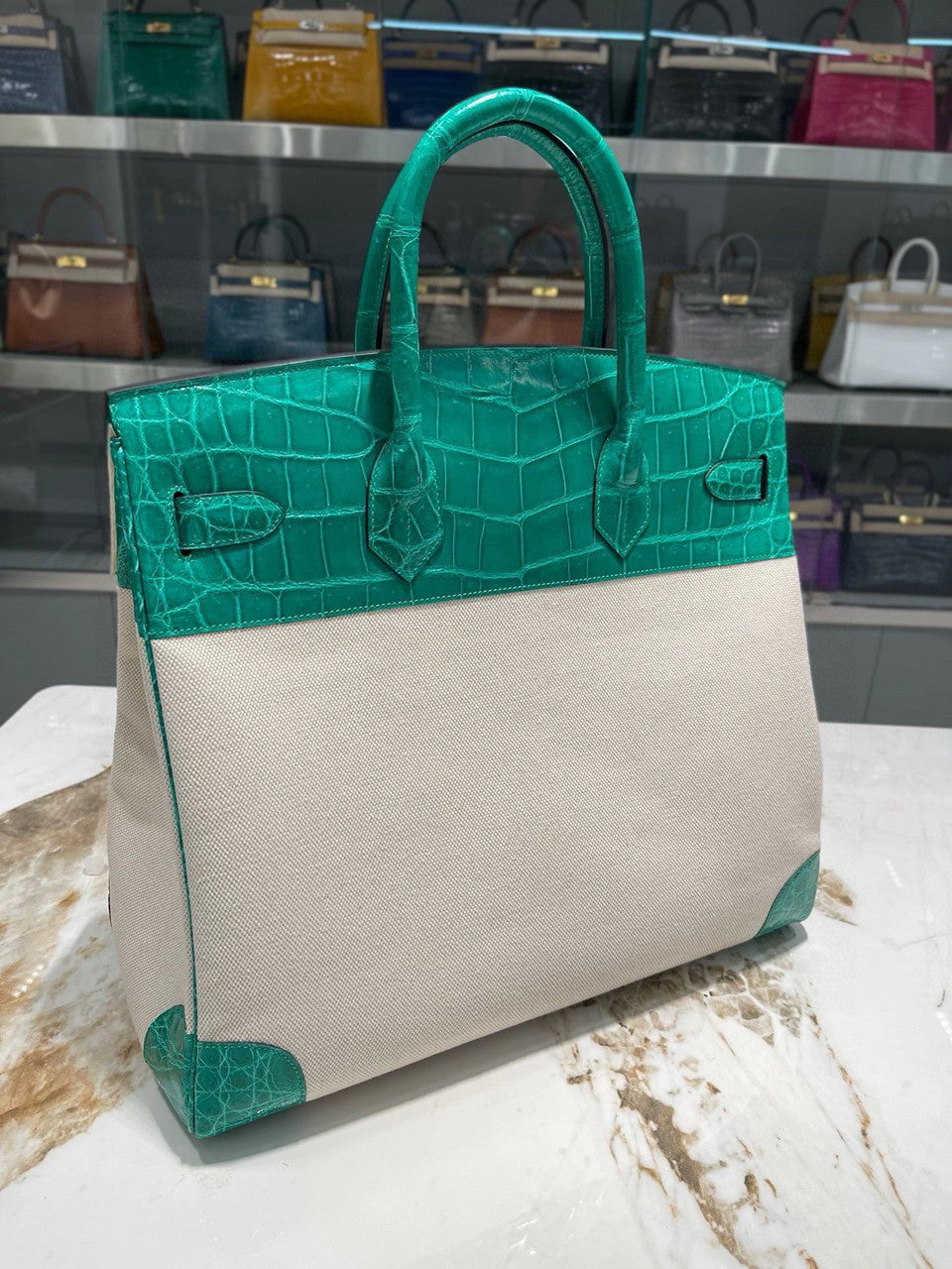HERMÈS BIRKIN 40 BAMBOO MATTE POROSUS CROCODILE & TOILE BRUSHED PALLADIUM HARDWARE