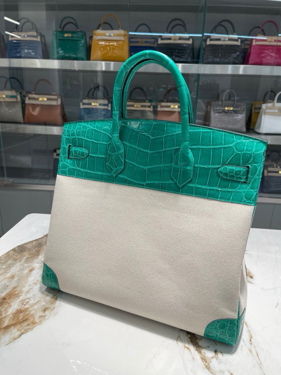 HERMÈS BIRKIN 40 BAMBOO MATTE POROSUS CROCODILE & TOILE BRUSHED PALLADIUM HARDWARE
