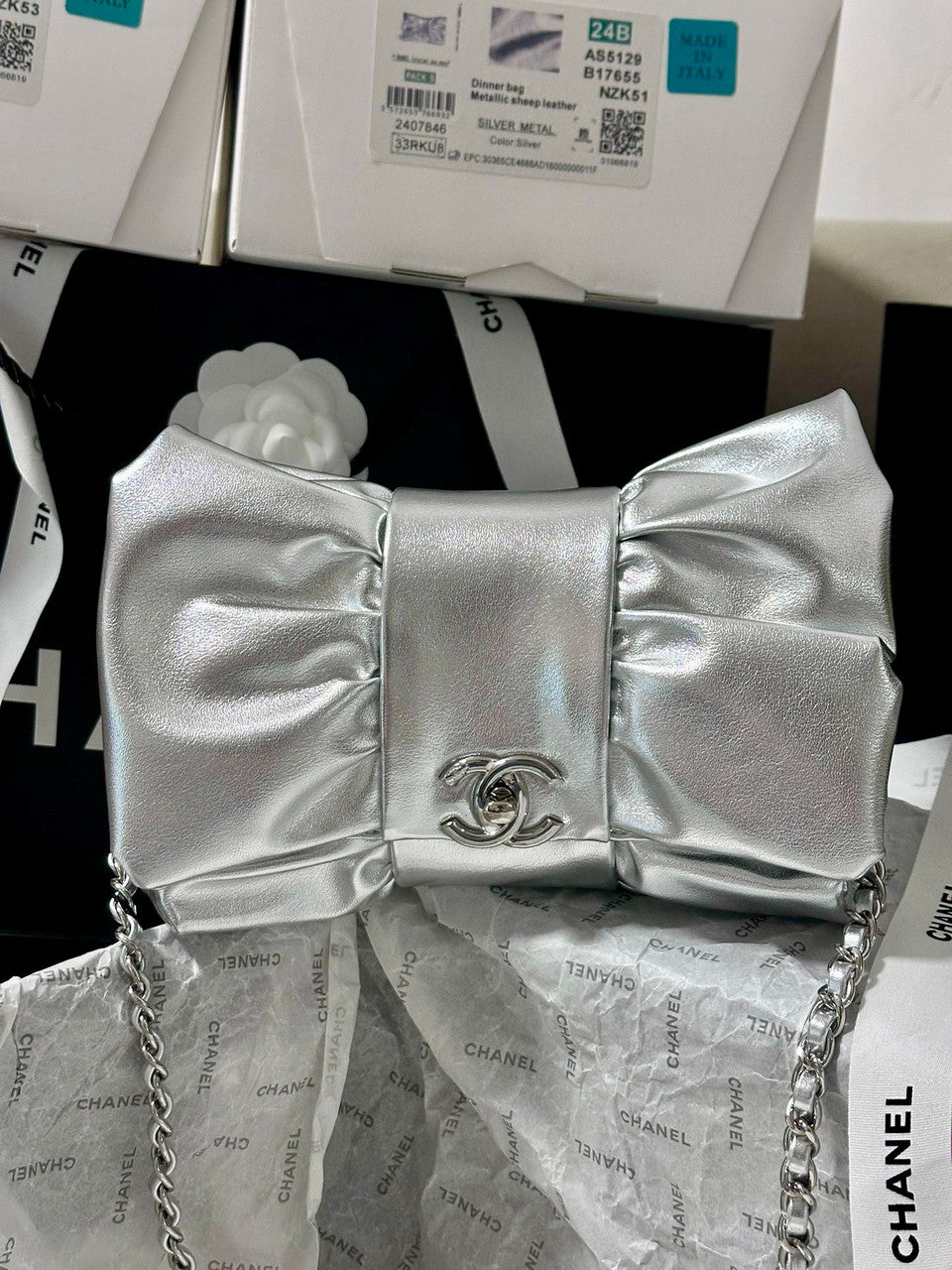 CHANEL BOW TIE CLUTCH SILVER