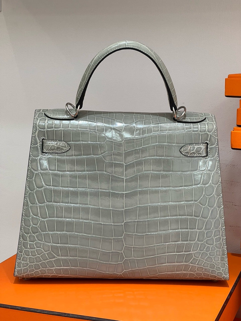 Hermes SHINY GRIS NILOTICUS CROCODILE KELLY 28 WITH Palladium HARDWARE