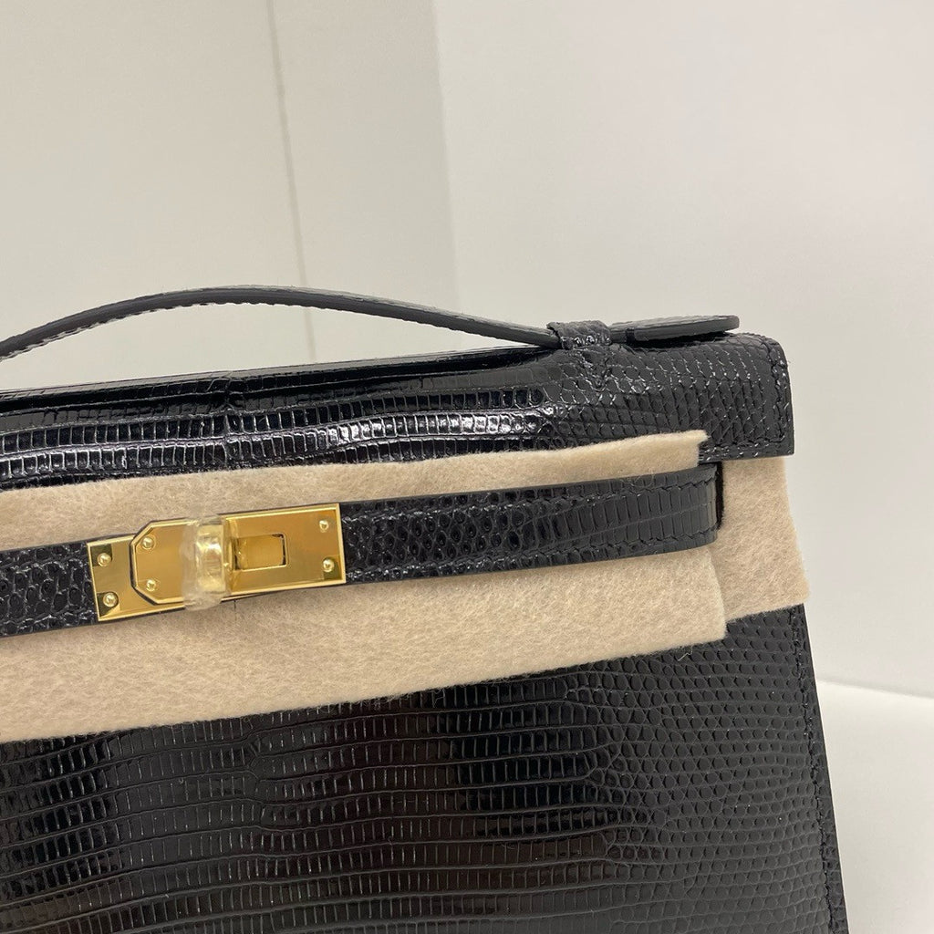 HERMES KELLY POCHETTE BLACK LEZARD LIZARD GOLD HARDWARE