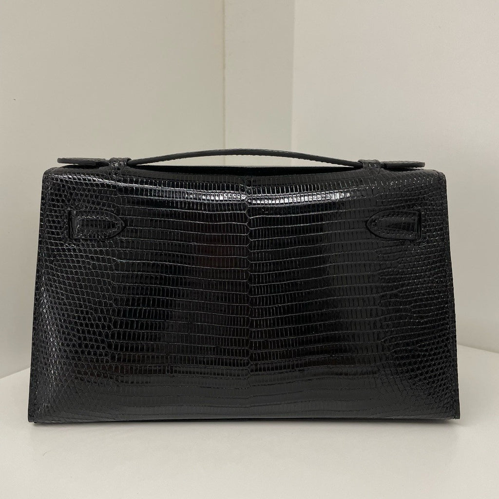 HERMES KELLY POCHETTE BLACK LEZARD LIZARD GOLD HARDWARE