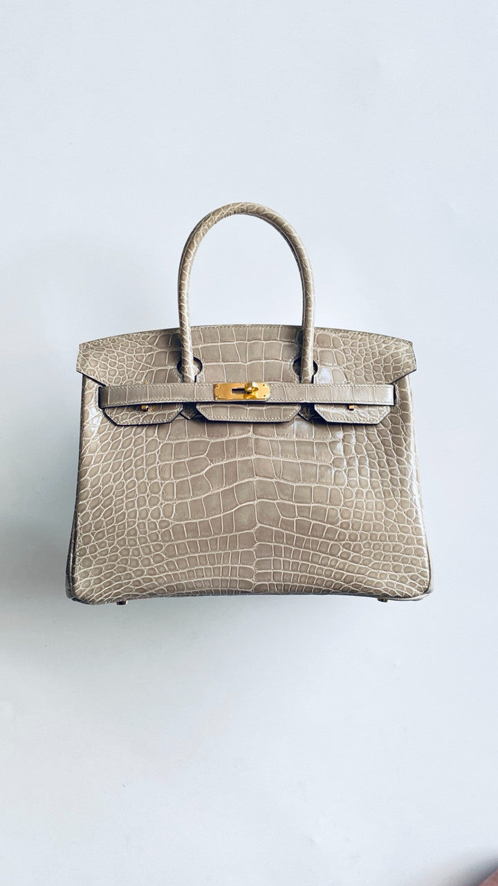 HERMES BIRKIN 30 BAG GRIS TOURTERELLE ALLIGATOR GOLD HARDWARE Hermes