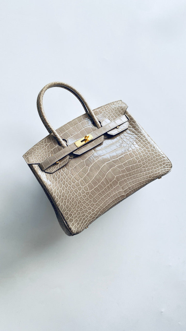 HERMES BIRKIN 30 BAG GRIS TOURTERELLE ALLIGATOR GOLD HARDWARE Hermes