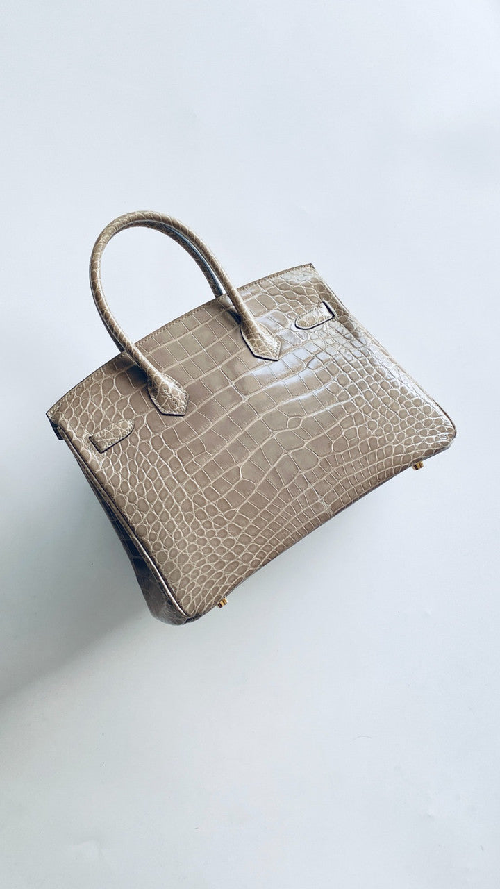HERMES BIRKIN 30 BAG GRIS TOURTERELLE ALLIGATOR GOLD HARDWARE Hermes